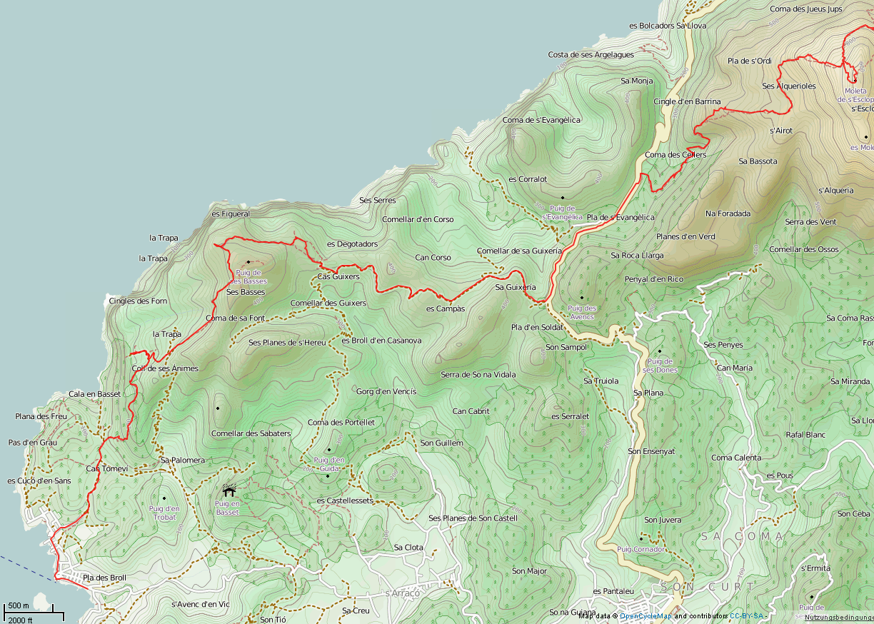 Karte GR 221 - Tag 2: St. Elm - Estellences - Südteil
