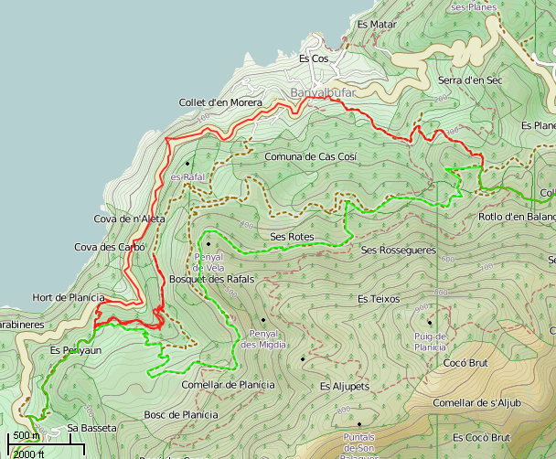 Karte GR 221 - Tag 3:  Estellences - Esporles: Vergleich Standardroute durch Banyalbulfar an der Straße aufgrund Wegsperrung und schöne Umgehung der Wegsperrung