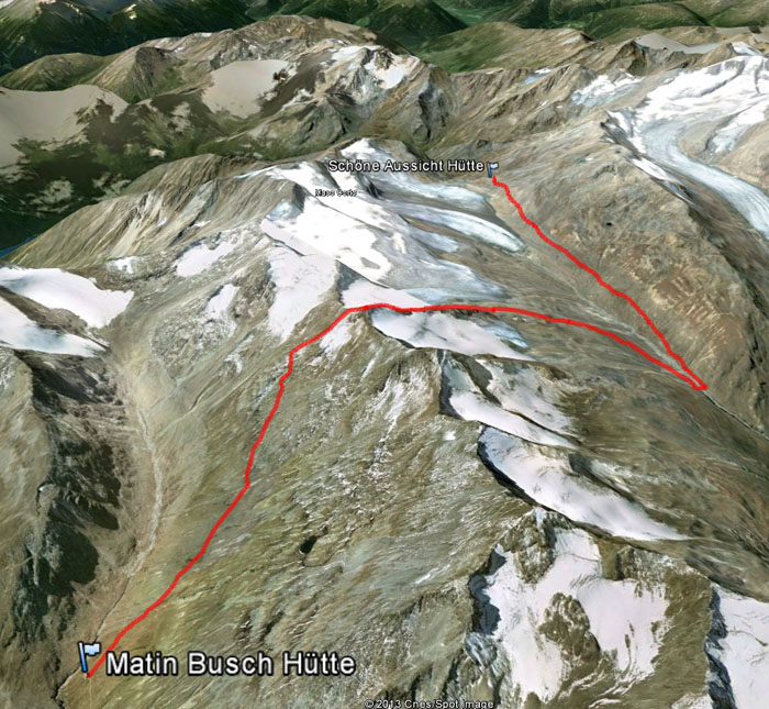 Routenübersicht der Etappe 11 Martin-Busch-Hütte - Schöne-Aussicht-Hütte auf dem L1