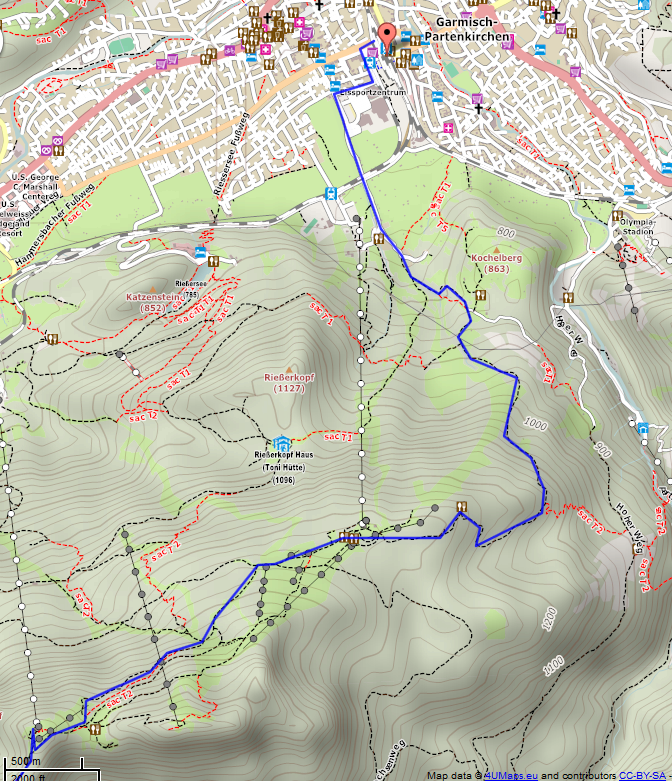 Online-Karte der Wanderstrecke der Etappe 1 auf der Alpenüberquerung auf dem L1: Garmisch - Kreuzeckhaus