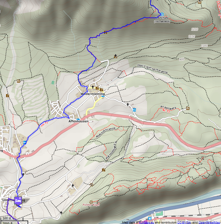 Online-Karte der Wanderstrecke der Etappe 4 auf der Alpenüberquerung auf dem L1: Tillfussalm - Untermieming Süd