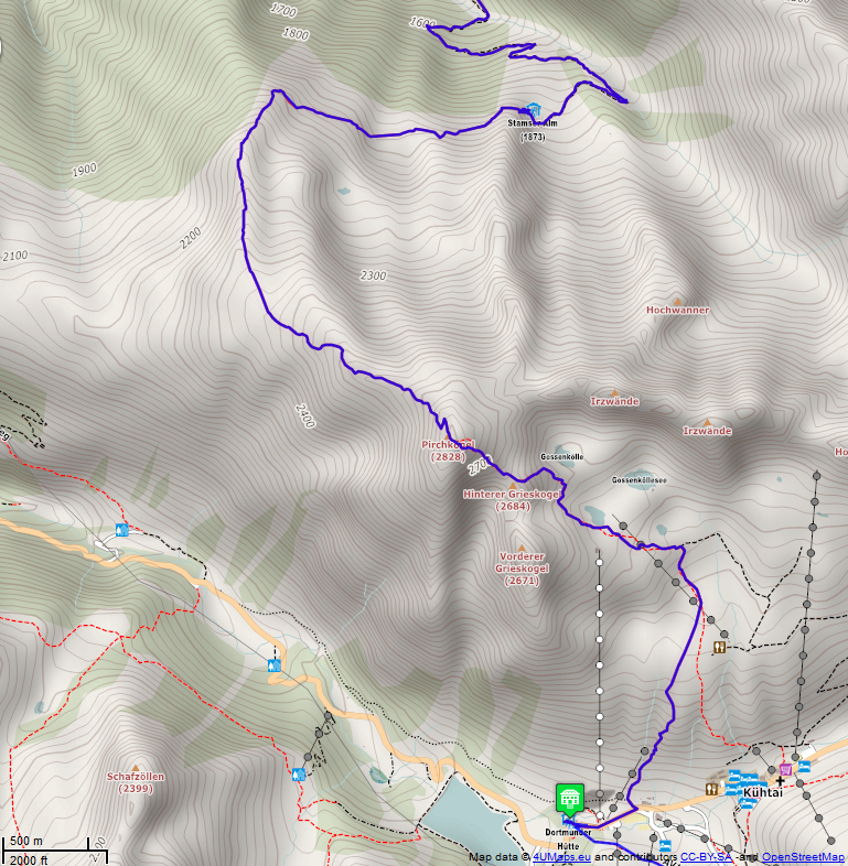  Online-Karte der Wanderstrecke der Etappe 5 auf der Alpenüberquerung auf dem L1: Untermieming - Dortmunder Hütte Süd