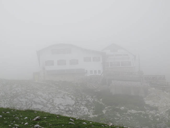 Knorrhütte im Nebel